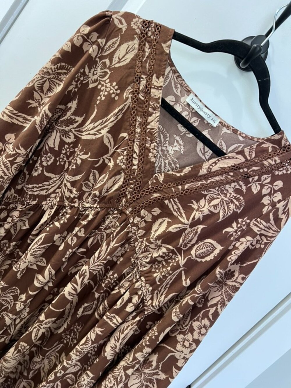 Rusttydustty Brown Floral Boho Midi Dress XXL Cottagecore Prairie Long Sleeve - Picture 2 of 6